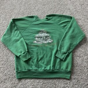 Vintage PM Christmas Sweatshirt Mens XL Green Fleece Pullover Holiday Graphic